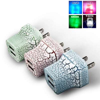 cracks design colorful white red blue green 2.1A fast charging led light up glow travel home dual 2 ports USB wall phone charger